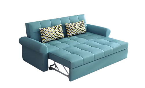 Modern teal blue sofa bed with tufted and patterned pillows